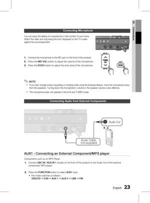 Page 23 EnglishEnglish 
02 Connections
Connecting Audio from External Components
MIC 2MIC 1MIC 2MIC 1ASC IN/
AUX IN 1
Audio Cable
 (not supplied)
Audio Out
AUX1 : Connecting an External Component/MP3 player
Components such as an MP3 Player.
Connect  ASC IN / AUX IN 1  (Audio) on the front of the product to the Audio Out of the external 
component/ MP3 player.
Press the  FUNCTION  button to select  AUX1 input.
The mode switches as follows : 
  DVD/CD  ➞ D.IN  ➞  AUX 1  ➞  AUX 2  ➞  USB  ➞ FM...