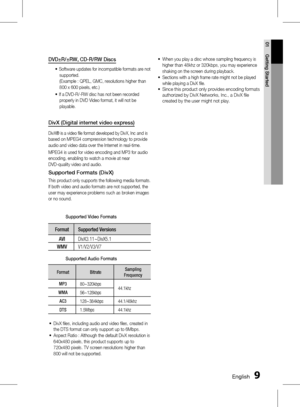 Page 9 EnglishEnglish 
01 Getting Started
DVD±R/±RW, CD-R/RW Discs
 Software updates for incompatible formats are not supported. 
(Example : QPEL, GMC, resolutions higher than 
800 x 600 pixels, etc.)
   

  If a DVD-R/-RW disc has not been recorded  properly in DVD Video format, it will not be 
playable.
DivX (Digital internet video express)
DivX® is a video file format developed by DivX, Inc and is 
based on MPEG4 compression technology to provide 
audio and video data over the Internet in...