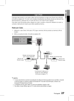 Page 105
 Português
Português 

02
Ligações

Ligar à rede
Pode ligar este produto a uma rede e utilizar serviços baseados na rede como Smart Hub e BDLIVE (Consulte as páginas 62~72), bem como receber actualizações de software através da rede sem fios. Recomendamos a utilização de um router sem fios ou um router IP para a ligação.
Para obter mais informações sobre a ligação do router, consulte o manual do utilizador do router ou 
contacte o fabricante do mesmo para obter assistência técnica....