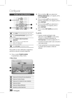 Page 108
0 Português

Confi gurar

Português 1

Aceder ao menu Deﬁ nições
FUNCTIONTV SOURCEPOWER
BD RECEIVER/TVSLEEP
DISC MENUMENUTITLE MENU
MUTE
SFE MODE
DSP
VOLTUNING/CH
TOOLS
RETURNEXIT
INFO
ABCD
TUNER MEMORY
INIERNET 
MO/ST
REPEATFULL SCREEN
123
456
78
0
9
POPUP
@
DISC MENUTITLE MENU
TOOLSINFO
TUNER 
POPUP1
24
3
1Botão MENU: Prima para avançar para o menu inicial.
2Botão RETURN (RETROCEDER): Regressa ao menu anterior.
3
Botão ENTRAR / DIRECTION (ENTRAR / DIRECÇÃO):Desloca o cursor ou um item...