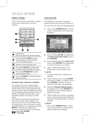 Page 142
 Português

Serviços da Rede

Português 

Utilizar o Teclado
Com o controlo remoto, pode utilizar o teclado 
no ecrã para introduzir letras, números e 
símbolos.
. , –abcdef123
ghijklmno456
pqrstuvwxyz789
AlternarExcluir0
b Método de Entrada   Idioma: English
T9ab      Ab      AB       1       
1
45
26
3
1O teclado actual.Utilize para introduzir letras, números e símbolos.
2Prima o botão FULL SCREEN no controlo remoto para alterar o modo de introdução.: ab, Ab, AB, números ou...