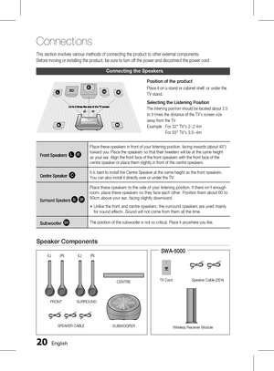 Page 20
0 English

Connections

English 1

This section involves various methods of connecting the product to other external components. 
Before moving or installing the product, be sure to turn off the power and disconnect  the power cord.
Connecting the Speakers
Position of the product
Place it on a stand or cabinet shelf, or under the 
TV stand.
Selecting the Listening Position
The listening position should be located about 2.5 
to 3 times the distance of the TV's screen size 
away from the TV....