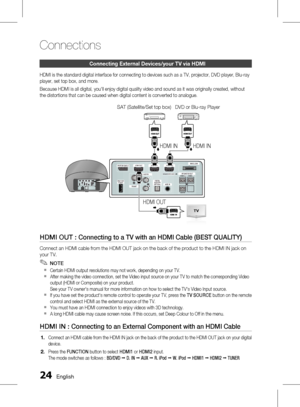 Page 24
 English

Connections

English 

Connecting external Devices/your tv via HDmI
HDMI is the standard digital interface for connecting to devices such as a TV, projector, DVD player, Blu-ray 
player, set top box, and more.
Because HDMI is all digital, you'll enjoy digital quality video and sound as it was originally created, without 
the distortions that can be caused when digital content is converted to analogue.
HDMI OUT : Connecting to a TV with an HDMI Cable (BEST QUALITY)...