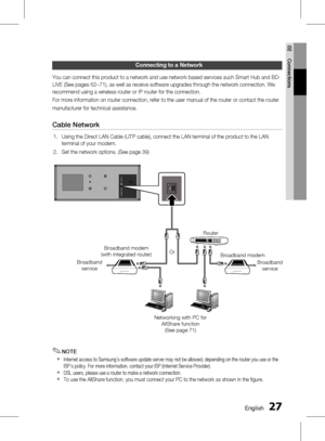 Page 27
 English
English 

02
Connections

Connecting to a network
You can connect this product to a network and use network based services such Smart Hub and BD-
LIVE (See pages 62~71), as well as receive software upgrades through the network connection. We 
recommend using a wireless router or IP router for the connection.
For more information on router connection, refer to the user manual of the router or contact the router
manufacturer for technical assistance.
Cable Network
Using the...