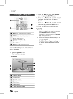 Page 30
0 English

Setup

English 1

accessing the Settings menu
FUNCTIONTV SOURCEPOWER
BD RECEIVER/TVSLEEP
DISC MENUMENUTITLE MENU
MUTE
SFE MODE
DSP
VOLTUNING/CH
TOOLS
RETURNEXIT
INFO
ABCD
TUNER MEMORY
INIERNET 
MO/ST
REPEATFULL SCREEN
123
456
78
0
9
POPUP
@
DISC MENUTITLE MENU
TOOLSINFO
TUNER 
POPUP1
24
3
1MENU Button : Press to move to the Home menu.
2RETURN Button : Return to the previous menu.
3
ENTER / DIRECTION Button :Move the cursor or select an item.Activate the currently selected item.Confi...