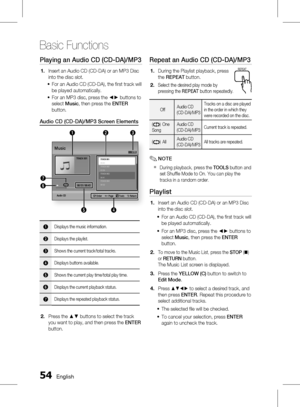 Page 54
 English

Basic Functions

English 

Playing an Audio CD (CD-DA)/MP3
Insert an Audio CD (CD-DA) or an MP3 Disc 
into the disc slot.
For an Audio CD (CD-DA), the fi rst track will 
be played automatically.
For an MP3 disc, press the ◄► buttons to 
select Music, then press the ENTER 
button.
Audio CD (CD-DA)/MP3 Screen Elements
Audio CD
5
2
4
7
6
13
" Enter    < Page     Tools    ' Return
TRACK 001
1/13Music
TRACK 00100:43TRACK 00203:56TRACK 00304:41TRACK 00404:02+ 00:13 /...