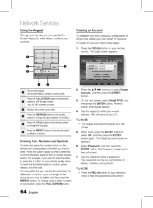 Page 64
 English

Network Services

English 

Using the Keypad
Through your remote, you can use the On-
Screen Keypad to enter letters, numbers, and 
symbols.
. , –abcdef123
ghijklmno456
pqrstuvwxyz789
ShiftDelete0
b Input Method / Language: English
T9ab      Ab      AB       1       
1
45
26
3
1The current keypad.Use to enter letters, numbers, and symbols.
2Press the FULL SCREEN button on the remote control to shift the input mode.: ab, Ab, AB, numbers or icons.
3Displays the current input...