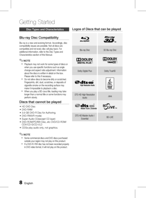 Page 8
 English

Getting Started

English 

Disc types and Characteristics
Blu-ray Disc Compatibility
Blu-ray is a new and evolving format. Accordingly, disc compatibility issues are possible. Not all discs are compatible and not every disc will play back. For additional information, refer to the Disc Types and 
Characteristics section of this Manual.
NOTE
Playback may not work for some types of discs or 
when you use specific functions such as angle 
change and aspect ratio adjustment. Information...