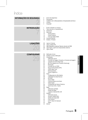 Page 83
 Português
Português 

Índice
InforMAções De segurAnçA 
2
2 Avisos de segurança3 Precauções4 Cuidados a ter no Manuseamento e Armazenamento de Discos4 Licença4 Copyright
IntroDução 
7
7       Ícones utilizados no manual8 Tipos de disco e Características12 Acessórios13 Descrição13 Painel Anterior14 Painel Posterior15 Ficha de Saída HDMI16 Controlo Remoto18 Instalar o Produto
LIgAções 
20
20 Ligar as Colunas23 Ligar a antena FM24 Ligar Dispositivos externos/Televisor através de HDMI26 Ligar...