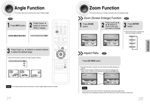 Page 1528
Zoom Function
This function allows you to enlarge a particular area of the displayed image.
Zoom (Screen Enlarge) FunctionDVD
Aspect RatioDVD
2
Press Cursor    ,    ,    
,    buttons to
move to the area
you want to enlarge.
1
Press ZOOM
button.
•Each time the button is pressed, the
zoom level changes as follows:
3
Press ENTER
button.
Press EZ VIEWbutton.
•Each time the button is pressed, the zoom function will switch between On
and Off.
•When a movie is played in Widescreen format, black bars at the...