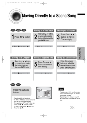 Page 2928
Moving Directly to a Scene/Song
•The selected file will be played.
•An MP3 or JPEG disc cannot be moved
from the disc information screen.
•When playing an MP3 or JPG disc, you
cannot use      ,      to move a folder. 
To move a folder, press     (Stop) and
then press      ,     .
DVDVCDCD
MP3JPEG
2
Press Cursor      ,      buttons
or numeric buttons to select
the desired title/track and then
press ENTERbutton.
1
Press INFObutton.
01/05001/040 0:00:37 1/103/05001/002 0:00:01 1/101/05001/0400:00:01 1/1...