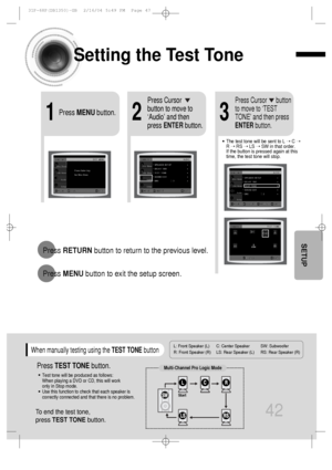 Page 43Setting the Test Tone
L: Front Speaker (L) C: Center Speaker SW: Subwoofer 
R: Front Speaker (R) LS: Rear Speaker (L) RS: Rear Speaker (R)
Press RETURNbutton to return to the previous level.
Press MENUbutton to exit the setup screen.
42
SETUP
21Press MENUbutton.
Press Cursor
button to move to
‘Audio’ and then
press ENTERbutton.
3
Press Cursor      button
to move to ‘TEST
TONE’ and then press
ENTERbutton.
•The test tone will be sent to L ➝ C ➝
R ➝ RS ➝ LS ➝ SW in that order. 
If the button is pressed...