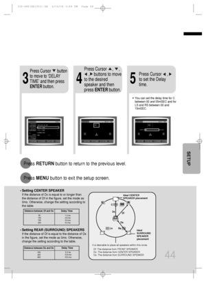 Page 4544
5.3 ms
10.6 ms 
15.9 ms
• Setting REAR (SURROUND) SPEAKERS
If the distance of Df is equal to the distance of Ds
in the figure, set the mode as 0ms. Otherwise,
change the setting according to the table. • 
Setting CENTER SPEAKER
If the distance of Dc is equal to or longer than
the distance of Df in the figure, set the mode as
0ms. Otherwise, change the setting according to
the table.
Distance between Df and Dc  Delay Time
Delay Time
1.3 ms
2.6 ms 
3.9 ms
5.3 ms
Distance between Ds and Dc
50
100
150...