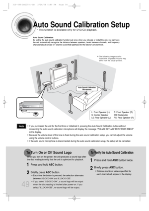 Page 5049
Auto Sound Calibration Setup
Auto Sound Calibration
By setting the auto sound calibration function just once when you relocate or install the unit, you can have
the unit automatically recognize the distance between speakers, levels between channels, and frequency
characteristics to create 5.1-channel sound field optimized for the listeners environment.
L: Front Speaker (L) R: Front Speaker (R)
C: Center Speaker  SW: Subwoofer
LS: Rear Speaker (L) RS: Rear Speaker (R)
•Each time the button is pressed,...