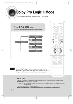 Page 5453
Dolby Pro Logic II Mode
You can select the desired Dolby Pro Logic II audio mode.
Press       PL II MODEbutton.
DSPCMXLINEAR PCM
MPEG-2 AACMPEGLCRSWLSRS
TITLE PBCCHAPPRGM RDS RTTATUNEDkHzMHzST
DSPCMXLINEAR PCM
MPEG-2 AACMPEGLCRSWLSRS
TITLE PBCCHAPPRGM RDS RTTATUNEDkHzMHzST
DSPCMXLINEAR PCM
MPEG-2 AACMPEGLCRSWLSRS
TITLE PBCCHAPPRGM RDS RTTATUNEDkHzMHzST
DSPCMXLINEAR PCM
MPEG-2 AACMPEGLCRSWLSRS
TITLE PBCCHAPPRGM RDS RTTATUNEDkHzMHzST
DSPCMXLINEAR PCM
MPEG-2 AACMPEGLCRSWLSRS
TITLE PBCCHAPPRGM RDS...