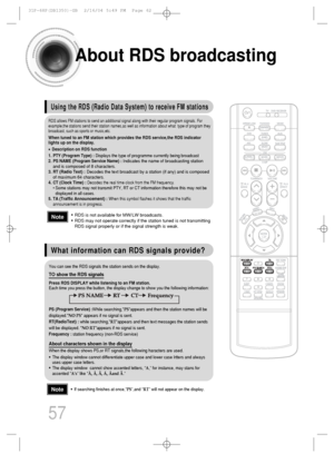 Page 58About RDS broadcasting
• RDS is not available for MW/LW broadcasts.
• RDS may not operate correctly if the station tuned is not transmitting
RDS signal properly or if the signal strength is weak.
• If searching finishes at once,“PS”,and “RT” will not appear on the display.
Using the RDS (Radio Data System) to receive FM stations
What information can RDS signals provide?
RDS allows FM stations to send an additional signal along with their regular program signals. For
example,the stations send their...