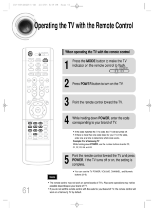 Page 6261
Operating the TV with the Remote Control
•The remote control may not work on some brands of TVs. Also some operations may not be
possible depending on your brand of TV.
•If you do not set the remote control with the code for your brand of TV, the remote control will
work on a Samsung TV by default.
When operating the TV with the remote control
1
Press the MODEbutton to make the TV
indicator on the remote control to flash.
2Press POWERbutton to turn on the TV.
3Point the remote control toward the TV....