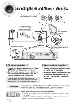 Page 1413
The cooling fan dissipates the heat generated inside the unit so that the unit can be operated
normally. The cooling fan is activated automatically to supply cool air to the unit.
Please observe the following cautions for your safety.
•Make sure the unit is well-ventilated. If the unit has poor ventilation, the temperature inside the unit could rise
and may damage it.
•Do not obstruct the cooling fan or ventilation holes. (If the cooling fan or ventilation holes are covered with a
newspaper or cloth,...