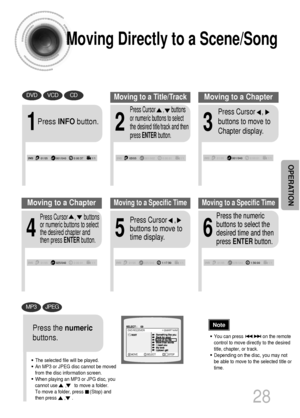 Page 2928
Moving Directly to a Scene/Song
•The selected file will be played.
•An MP3 or JPEG disc cannot be moved
from the disc information screen.
•When playing an MP3 or JPG disc, you
cannot use      ,      to move a folder. 
To move a folder, press     (Stop) and
then press      ,     .
DVDVCDCD
MP3JPEG
2
Press Cursor      ,      buttons
or numeric buttons to select
the desired title/track and then
press ENTERbutton.
1
Press INFObutton.
01/05001/040 0:00:37 1/103/05001/002 0:00:01 1/101/05001/0400:00:01 1/1...