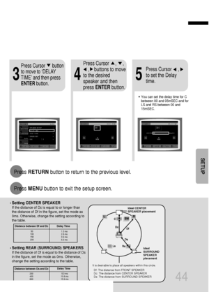 Page 4544
5.3 ms
10.6 ms 
15.9 ms
• Setting REAR (SURROUND) SPEAKERS
If the distance of Df is equal to the distance of Ds
in the figure, set the mode as 0ms. Otherwise,
change the setting according to the table. • 
Setting CENTER SPEAKER
If the distance of Dc is equal to or longer than
the distance of Df in the figure, set the mode as
0ms. Otherwise, change the setting according to
the table.
Distance between Df and Dc  Delay Time
Delay Time
1.3 ms
2.6 ms 
3.9 ms
5.3 ms
Distance between Ds and Dc
50
100
150...