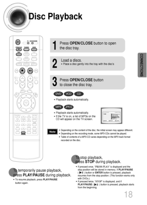 Page 1918
CONNECTIONS
Disc Playback
•Depending on the content of the disc, the initial screen may appear different.
•Depending on the recording mode, some MP3-CDs cannot be played.
•Table of contents of a MP3-CD varies depending on the MP3 track format
recorded on the disc.
•To resume playback, press PLAY/PAUSE
button again.
1
Press OPEN/CLOSEbutton to open
the disc tray.
2
Load a discs.
•Place a disc gently into the tray with the disc’s
3
Press OPEN/CLOSEbutton
to close the disc tray.
To temporarily pause...