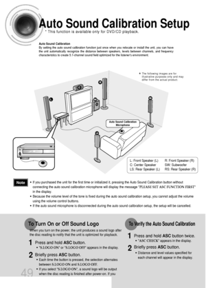 Page 5049
Auto Sound Calibration Setup
Auto Sound Calibration
By setting the auto sound calibration function just once when you relocate or install the unit, you can have
the unit automatically recognize the distance between speakers, levels between channels, and frequency
characteristics to create 5.1-channel sound field optimized for the listeners environment.
L: Front Speaker (L) R: Front Speaker (R)
C: Center Speaker  SW: Subwoofer
LS: Rear Speaker (L) RS: Rear Speaker (R)
•S.LOGO ON or S.LOGO OFF appears...