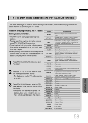 Page 59PTY (Program Type) indication and PTY-SEARCH function
58
To search for a program using the PTY codes
Before you start, remember...
• The PTY Search is only applicable to preset
stations.
• To stop searching any time during the process,
press PTY SEARCH while searching.
• There is a time limit in doing the following steps. 
If the setting is cancelled before you finish, start
from step 1 again.
• When pressing the buttons on the primary remote
control, make sure that you have selected the FM
station using...