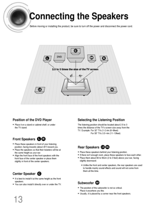 Page 14Rear Speakers
•Place these speakers behind your listening position.
•If there isnt enough room, place these speakers to face each other.
•Place them about 60 to 90cm (2 to 3 feet) above your ear, facing
slightly downward.
*Unlike the front and center speakers, the rear speakers are used
to handle mainly sound effects and sound will not come from
them all the time.
Subwoofer
•The position of the subwoofer is not so critical. 
Place it anywhere you like.
•Usually, it is placed by a corner near the front...