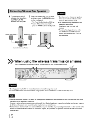 Page 16Connect your pair of
wireless rear speakers,
(L) and (R), to the
wireless rear amplifier.1Insert the power plug into an outlet,
and then press the POWERbutton 
on the front panel.
•The Power Standby indicator will light up.
•To turn off the wireless rear amplifier, 
press the POWERbutton in Standby mode.
2•Do not connect the wireless rear speakers
to the speaker outputs on the back of the
main unit. Malfunction may result.
•The wireless receiving antenna is built into
the wireless rear amplifier. 
Keep...