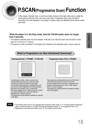 Page 1918
CONNECTIONS
P.SCAN(Progressive Scan) Function
Unlike regular Interlace Scan, in which two fields of picture information alternate to create the
entire picture (odd scan lines, then even scan lines), Progressive Scan uses one field of
information (all lines displayed in one pass) to create a clear and detailed picture without visible
scan lines. 
While the player is in the Stop mode, hold the P.SCAN button down for longer
than 5 seconds.
•The selection switches back and forth between P.SCAN and I.SCAN...