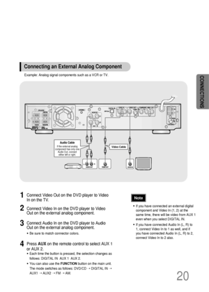 Page 2120
CONNECTIONS
Press AUXon the remote control to select AUX 1
or AUX 2.
•Each time the button is pressed, the selection changes as
follows: DIGITAL IN  AUX 1  AUX 2.
•You can also use the FUNCTIONbutton on the main unit.
The mode switches as follows: DVD/CD ➝ DIGITAL IN ➝
AUX1 ➝ AUX2 ➝ FM ➝ AM.
•If you have connected an external digital
component and Video In (1, 2) at the
same time, there will be video from AUX 1
even when you select DIGITAL IN.  
•If you have connected Audio In (L, R) to
1, connect...