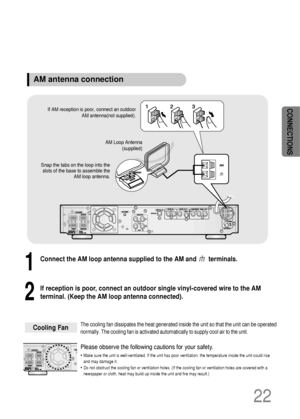 Page 23The cooling fan dissipates the heat generated inside the unit so that the unit can be operated
normally. The cooling fan is activated automatically to supply cool air to the unit.
Please observe the following cautions for your safety.
•Make sure the unit is well-ventilated. If the unit has poor ventilation, the temperature inside the unit could rise
and may damage it.
•Do not obstruct the cooling fan or ventilation holes. (If the cooling fan or ventilation holes are covered with a
newspaper or cloth,...