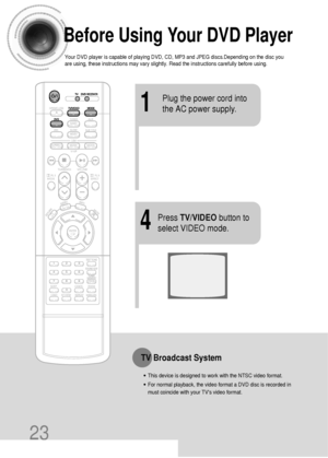 Page 2423
Before Using Your DVD Player
Your DVD player is capable of playing DVD, CD, MP3 and JPEG discs.Depending on the disc you
are using, these instructions may vary slightly. Read the instructions carefully before using.
1
Plug the power cord into
the AC power supply.
4
Press TV/VIDEObutton to
select VIDEO mode.
•This device is designed to work with the NTSC video format. 
•For normal playback, the video format a DVD disc is recorded in
must coincide with your TVs video format.
TV Broadcast System...