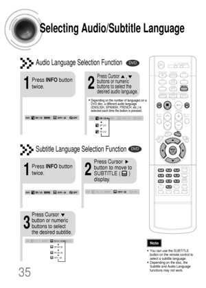 Page 3635
Selecting Audio/Subtitle Language
•Depending on the number of languages on a
DVD disc, a different audio language
(ENGLISH, SPANISH, FRENCH, etc.) is
selected each time the button is pressed. 
2
Press Cursor      ,
buttons or numeric
buttons to select the
desired audio language.
1
Press INFObutton
twice.
SP 2/3
FR 3/3
•You can use the SUBTITLE
button on the remote control to
select a subtitle language.
•Depending on the disc, the
Subtitle and Audio Language
functions may not work.
Audio Language...