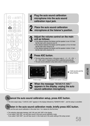 Page 5958
To listen in the auto sound calibration mode, briefly press ASC button.
(If you set the auto sound calibration in the order from 1 to 4 above for the first time)
•The selection alternates between ASC ONand ASC OFFin the display.
•If you select ASC ON, you will hear sound in the auto sound calibration mode.  
If you select ASC OFF, you will hear sound  in the mode set in the audio setting of the setup screen
1
Plug the auto sound calibration
microphone into the auto sound
calibration input jack.
2...