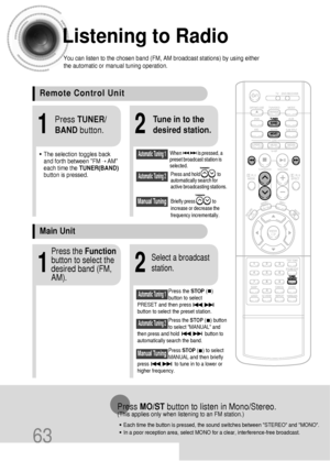 Page 6463
Listening to Radio
You can listen to the chosen band (FM, AM broadcast stations) by using either
the automatic or manual tuning operation.
21
• The selection toggles back
and forth between FM
➝ AM
each time the TUNER(BAND)
button is pressed.
Tune in to the
desired station.Press TUNER/
BANDbutton.
Automatic Tuning 2
Manual Tuning
21
Select a broadcast
station.
Press the STOP(   )
button to select
PRESET and then press
button to select the preset station.Automatic Tuning 1
Press the Function
button to...