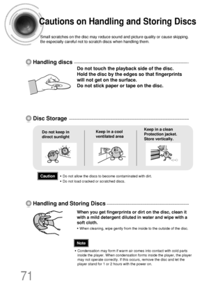 Page 7271
Do not touch the playback side of the disc. 
Hold the disc by the edges so that fingerprints
will not get on the surface.
Do not stick paper or tape on the disc.
Do not keep in
direct sunlightKeep in a cool
ventilated areaKeep in a clean
Protection jacket.
Store vertically.
When you get fingerprints or dirt on the disc, clean it
with a mild detergent diluted in water and wipe with a
soft cloth.
• When cleaning, wipe gently from the inside to the outside of the disc.
Handling discs
Disc Storage...