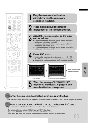 Page 5150
To listen in the auto sound calibration mode, briefly press ASC button.
(If you set the auto sound calibration in the order from 1 to 4 above for the first time)
•The selection alternates between ASC ONand ASC OFFin the display.
•If you select ASC ON, you can listen in the auto sound calibration mode. 
If you select ASC OFF, you can listen in the mode set in the audio setting of the setup screen.
1
Plug the auto sound calibration
microphone into the auto sound
calibration input jack.
2
Place the auto...