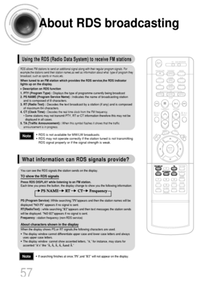 Page 58About RDS broadcasting
• RDS is not available for MW/LW broadcasts.
• RDS may not operate correctly if the station tuned is not transmitting
RDS signal properly or if the signal strength is weak.
• If searching finishes at once,“PS”,and “RT” will not appear on the display.
Using the RDS (Radio Data System) to receive FM stations
What information can RDS signals provide?
RDS allows FM stations to send an additional signal along with their regular program signals. For
example,the stations send their...