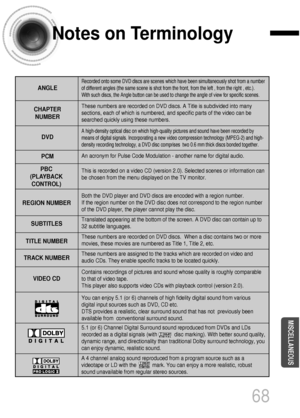 Page 6968
Notes on Terminology
Recorded onto some DVD discs are scenes which have been simultaneously shot from a number
of different angles (the same scene is shot from the front, from the left , from the right , etc.). 
With such discs, the Angle button can be used to change the angle of view for specific scenes.
ANGLE
These numbers are recorded on DVD discs. A Title is subdivided into many
sections, each of which is numbered, and specific parts of the video can be
searched quickly using these numbers.
A...