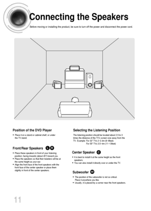 Page 1211
Connecting the Speakers
Before moving or installing the product, be sure to turn off the power and disconnect the power cord.
Subwoofer
•The position of the subwoofer is not so critical. 
Place it anywhere you like.
•Usually, it is placed by a corner near the front speakers.
Front/Rear Speakers  
•Place these speakers in front of your listening
position, facing inwards (about 45°) toward you.
•Place the speakers so that their tweeters will be at
the same height as your ear.
•Align the front face of...