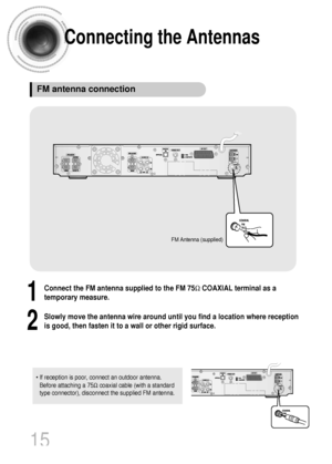 Page 16Connecting the Antennas
15
Connect the FM antenna supplied to the FM 75ΩCOAXIAL terminal as a
temporary measure.
Slowly move the antenna wire around until you find a location where reception
is good, then fasten it to a wall or other rigid surface.
• If reception is poor, connect an outdoor antenna.
Before attaching a 75Ωcoaxial cable (with a standard
type connector), disconnect the supplied FM antenna.
FM antenna connection
1
2
FM Antenna (supplied)
 1p~32p(DB760)-GB  1/3/04 4:38 PM  Page 18
 