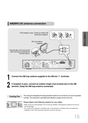 Page 17The cooling fan dissipates the heat generated inside the unit so that the unit can be operated
normally. The cooling fan is activated automatically to supply cool air to the unit.
Please observe the following cautions for your safety.
•Make sure the unit is well-ventilated. If the unit has poor ventilation, the temperature inside the unit could rise
and may damage it.
•Do not obstruct the cooling fan or ventilation holes. (If the cooling fan or ventilation holes are covered with a
newspaper or cloth,...