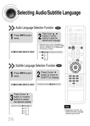 Page 3029
Selecting Audio/Subtitle Language
•Depending on the number of languages on a
DVD disc, a different audio language (KOREAN,
ENGLISH, JAPANESE, etc.) is selected each
time the button is pressed.
2
Press Cursor      ,
buttons or numeric
buttons to select the
desired audio language.
1
Press INFObutton
twice.
EN 2/3
JA 3/3
•Depending on the disc, the
Subtitle and Audio Language
functions may not work.
Audio Language Selection FunctionDVD
Subtitle Language Selection FunctionDVD
NoteKO 1/3KO 01/ 03OFF
EN 02/...