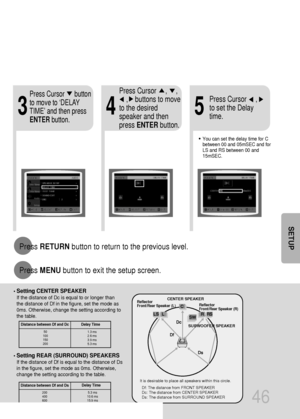 Page 4746
5.3 ms
10.6 ms 
15.9 ms
• Setting REAR (SURROUND) SPEAKERS
If the distance of Df is equal to the distance of Ds
in the figure, set the mode as 0ms. Otherwise,
change the setting according to the table. • 
Setting CENTER SPEAKER
If the distance of Dc is equal to or longer than
the distance of Df in the figure, set the mode as
0ms. Otherwise, change the setting according to
the table.
Distance between Df and Dc  Delay Time
Delay Time
1.3 ms
2.6 ms 
3.9 ms
5.3 ms
Distance between Df and Ds
50
100
150...