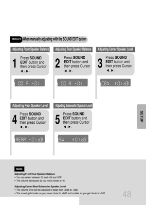 Page 49Adjusting Front/Rear Speaker Balance
•You can select between 00 and –06 and OFF.
•The volume decreases as you move closer to –6.
Adjusting Center/Rear/Subwoofer Speaker Level
•The volume level can be adjusted in steps from +6dB to –6dB.
•The sound gets louder as you move closer to +6dB and smaller as you get closer to -6dB.
Method 2When manually adjusting with the SOUND EDIT button
21
Adjusting Front Speaker BalanceAdjusting Rear Speaker Balance
Press SOUND
EDITbutton and
then press Cursor    
,     .
3...