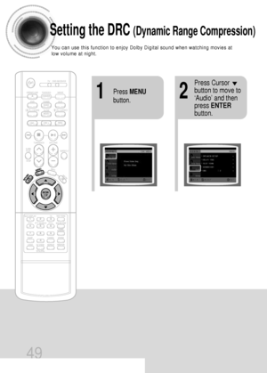 Page 5049
Setting the DRC (Dynamic Range Compression)
You can use this function to enjoy Dolby Digital sound when watching movies at
low volume at night.
12Press MENU
button.
Press Cursor
button to move to
‘Audio’ and then
press ENTER
button.
 33P~72P(DB760)-GB  1/5/04 9:59 AM  Page 48
 