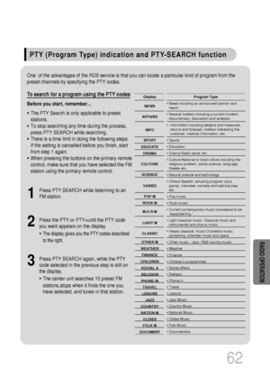 Page 63PTY (Program Type) indication and PTY-SEARCH function
62
To search for a program using the PTY codes
Before you start, remember...
• The PTY Search is only applicable to preset
stations.
• To stop searching any time during the process,
press PTY SEARCH while searching.
• There is a time limit in doing the following steps. 
If the setting is cancelled before you finish, start
from step 1 again.
• When pressing the buttons on the primary remote
control, make sure that you have selected the FM
station using...