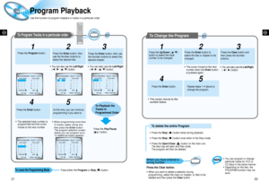 Page 12GB
22
Program Playback
21
GB
To Program Tracks in a particular order 
To Leave the Programming Mode
PROGRAM MENU SELECT : ENTERTITLE CHAPT
PREVIOUS NEXTTITLE CHAPT
2 3 4 5 
678 9 10 
1 
PLAY :  FINISH : PROGRAM
TITLE CHAPT
PREVIOUS NEXTTITLE CHAPT
2 1 3 4 5 
678 9 10 
1 
PROGRAM MENU SELECT : ENTER
FINISH : PROGRAM PLAY : 
TITLE CHAPT
PREVIOUS NEXTTITLE CHAPT
2 3 4 5 
678 9 10 
1 2 1 
PROGRAM MENU SELECT : ENTER
FINISH : PROGRAM PLAY : 
TITLE CHAPT
PREVIOUS NEXTTITLE CHAPT
3 4 5 
678 9 10 
1 1 2 
2...