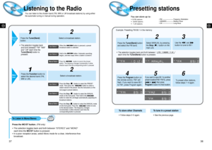 Page 20GBGB
3738
When the                   button is pressed, a preset
broadcast station is selected.
Hold in the                 button. Automatic searching
begins, and then stops when a station is tuned in.
Press the                    button to tune to the chosen
station. The frequency changes incrementally in either
direction each time the corresponding button is pressed.
Listening to the Radio
Auto Station 1
Auto Station 2 
Manual Station 
Press the Tuner(Band)
button.
1
Select a broadcast station.
2
•...